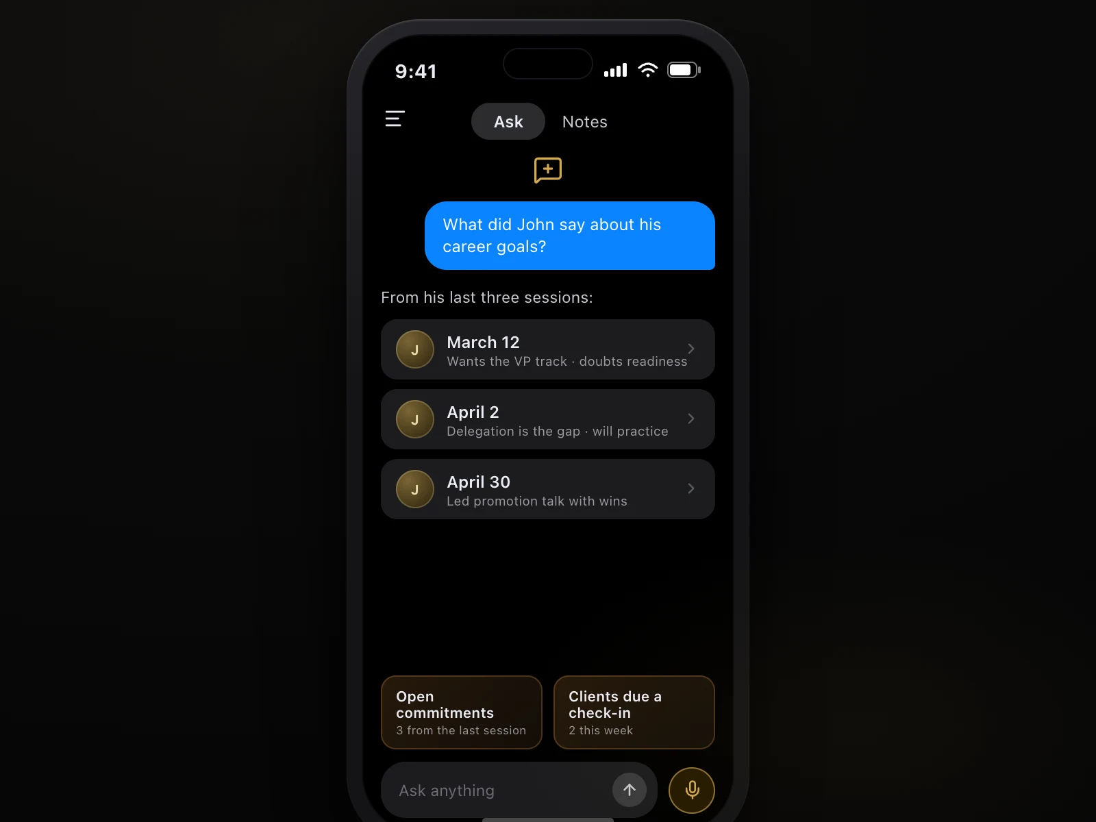 AI Concierge recalling what a client said about career goals across three sessions, on a phone