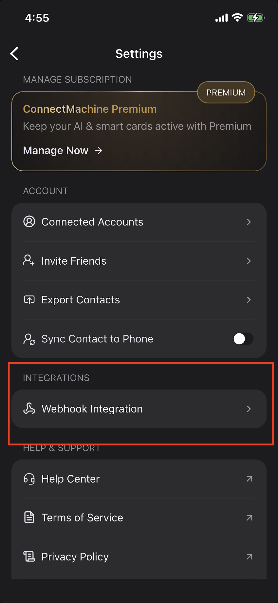 ConnectMachine Settings screen showing Webhook Integration under Integrations