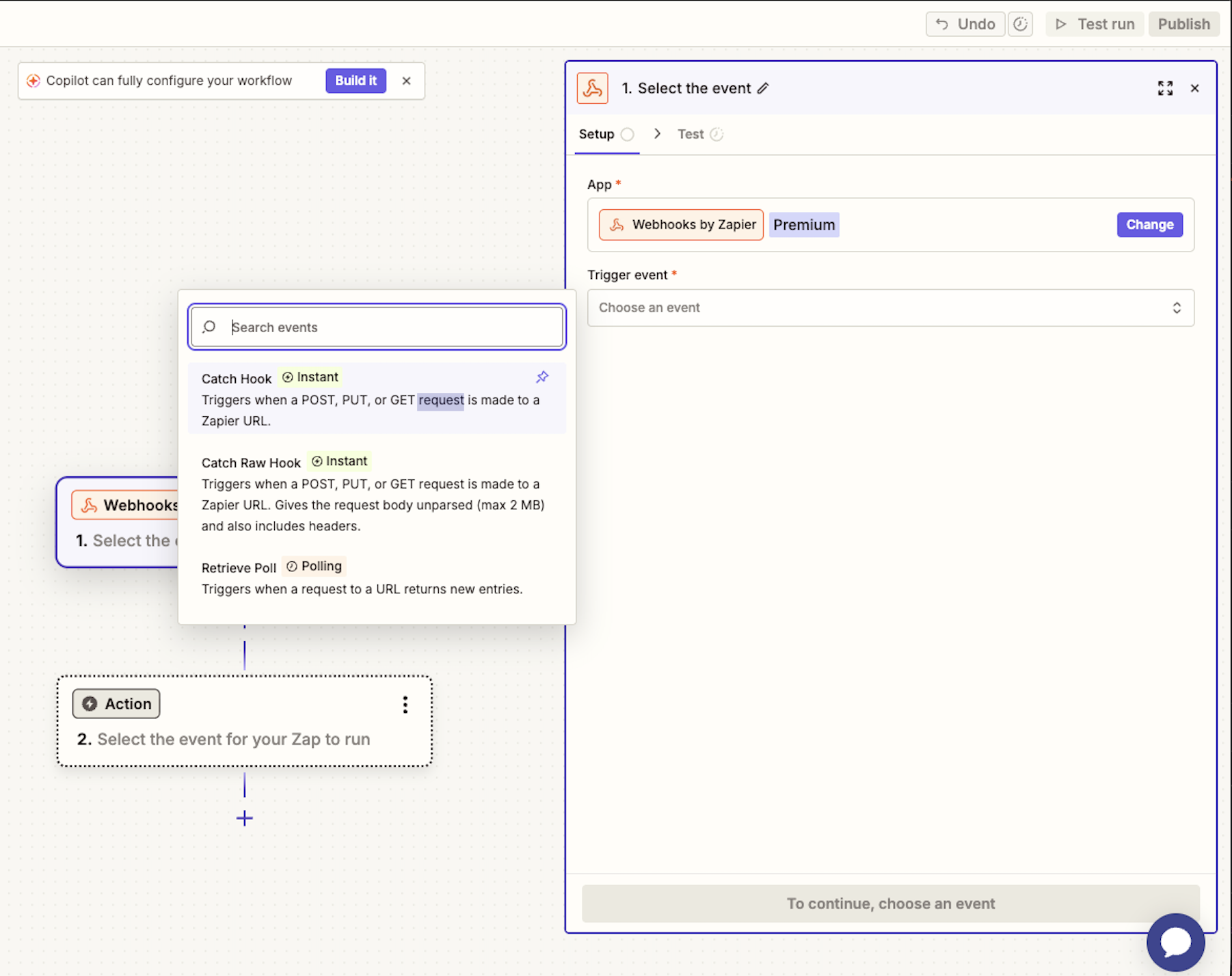Zapier trigger setup with Webhooks by Zapier and Catch Hook selected