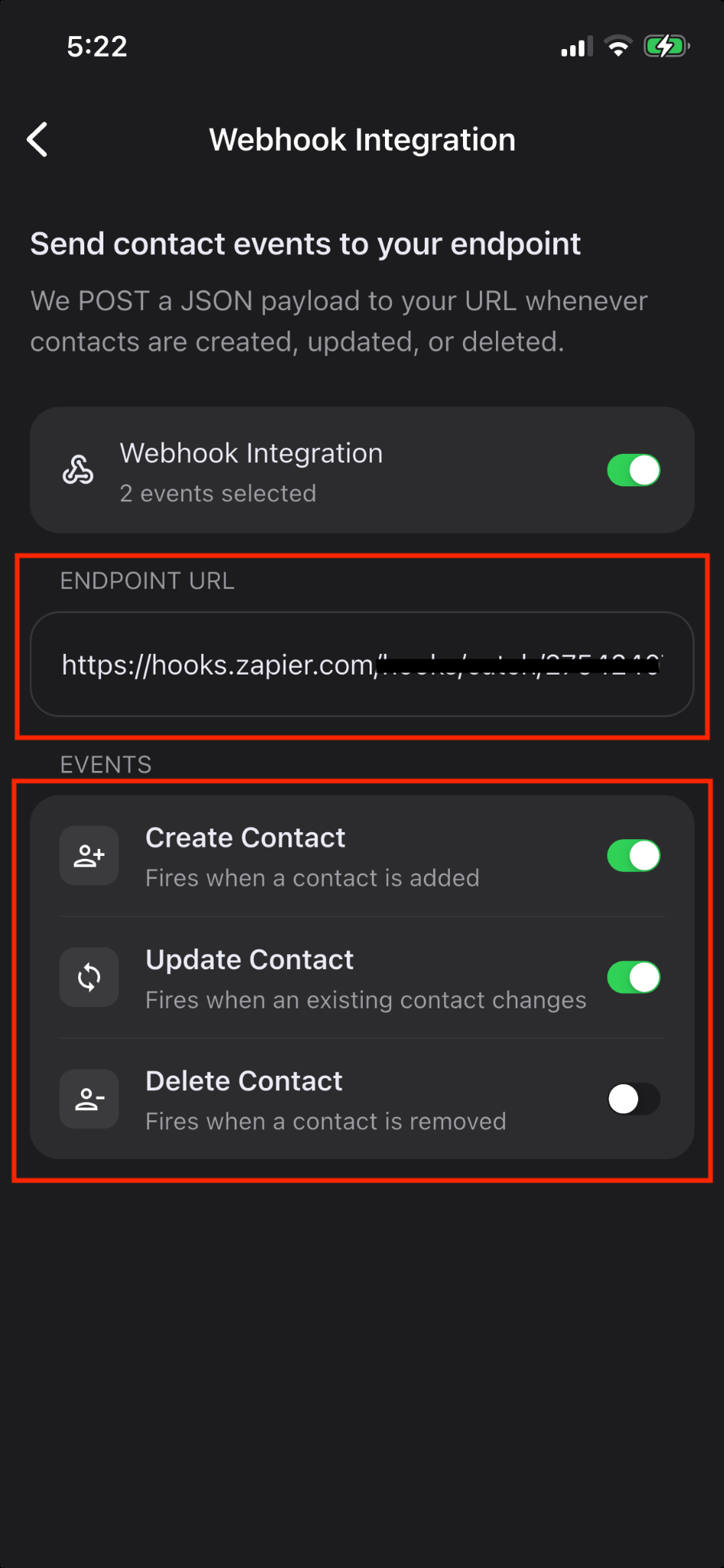 ConnectMachine Webhook Integration screen with endpoint URL and event toggles