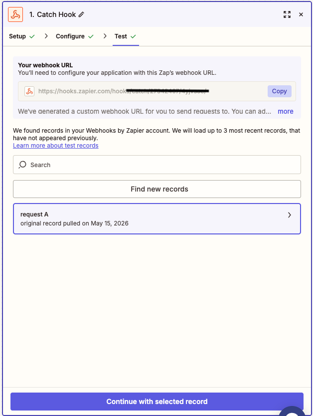 Zapier Catch Hook screen showing the generated webhook URL with a copy button
