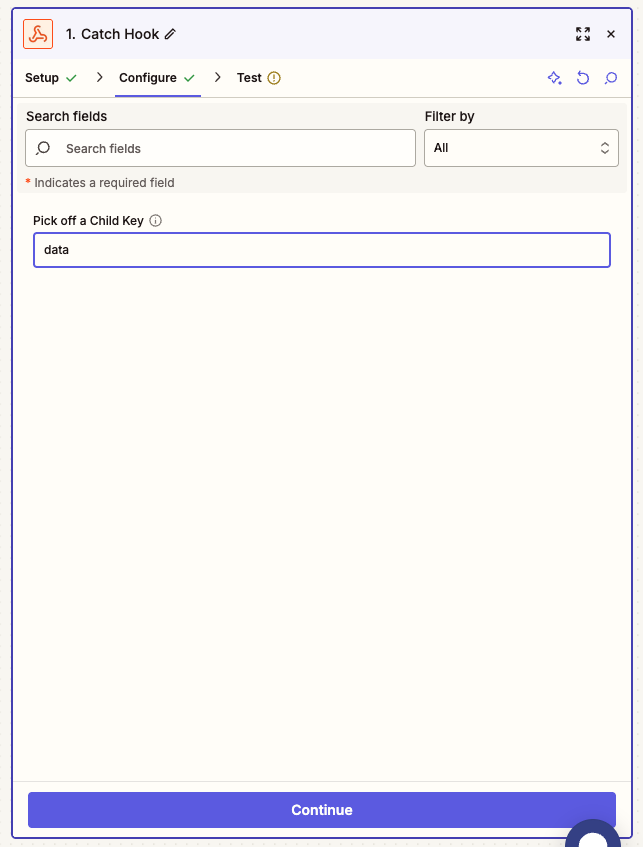 Zapier Catch Hook configuration with child key set to data