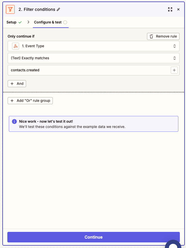 Zapier filter configured so Event Type exactly matches contacts.created