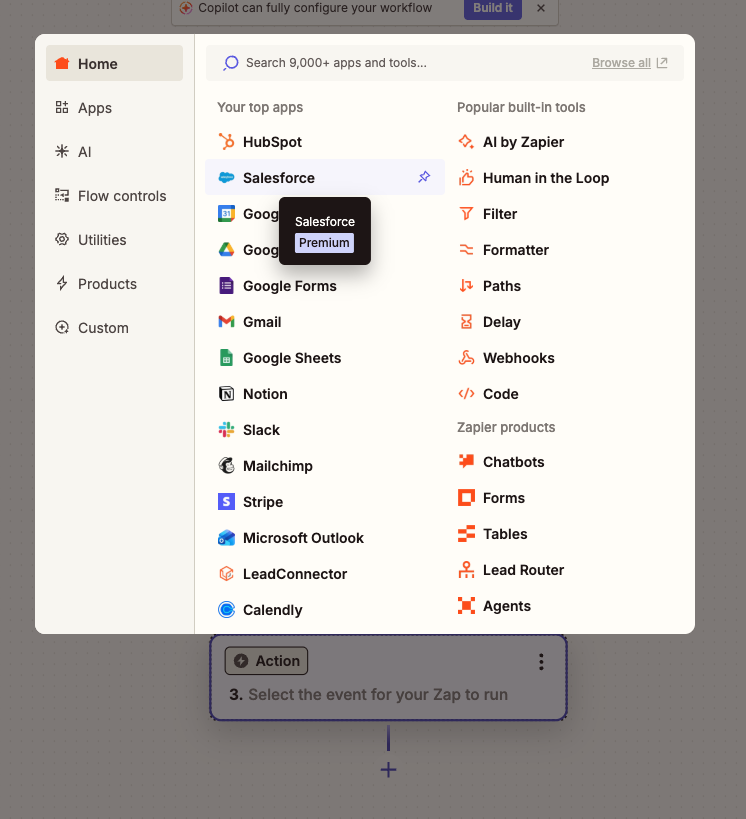 Zapier action picker showing CRM apps to connect