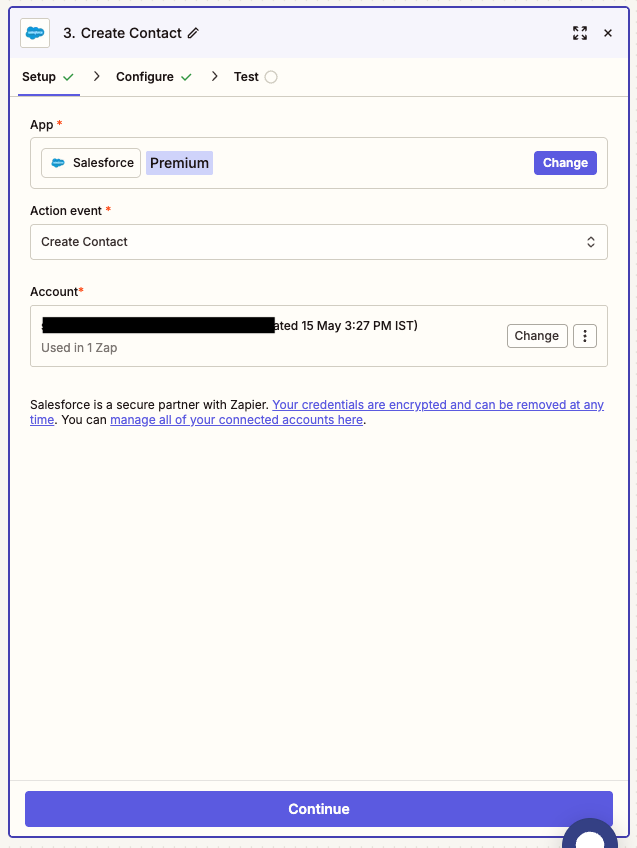 Salesforce Create Contact action selected in Zapier with account connection prompt