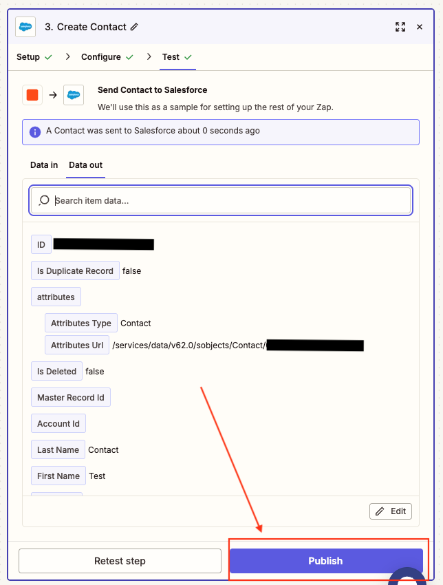 Zapier test result showing the CRM accepted the mapped contact data