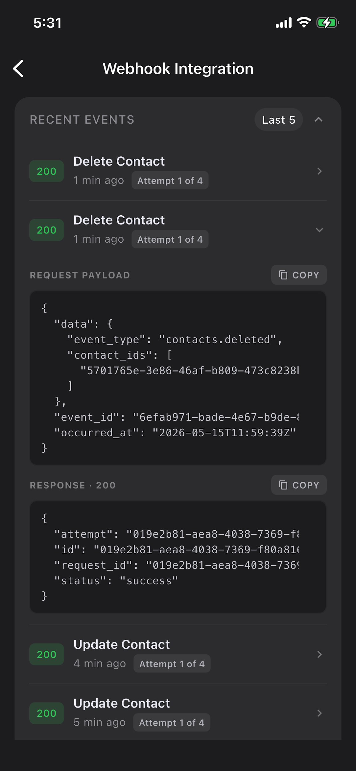 ConnectMachine recent webhook events screen with request and response payloads