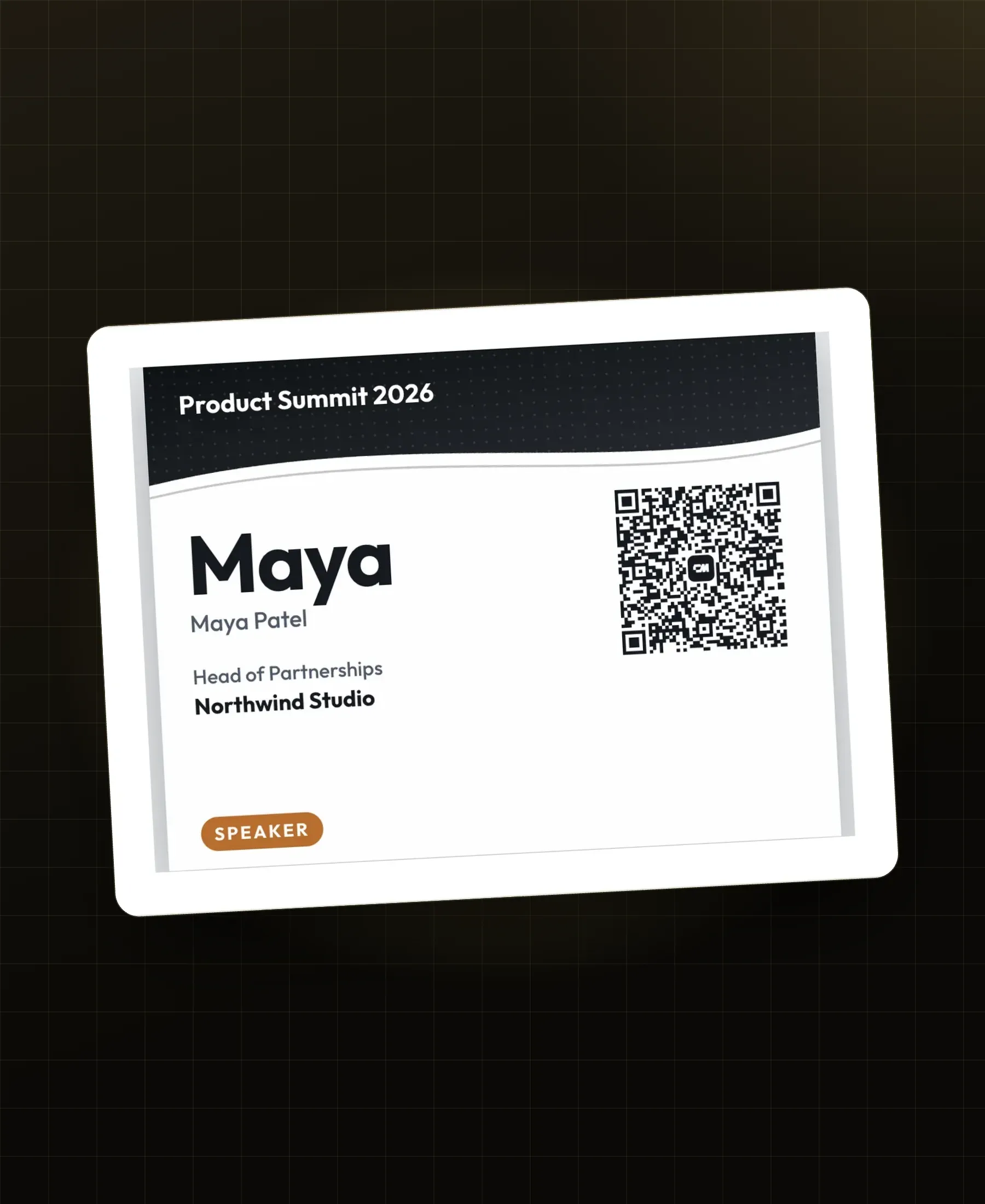 Badge Product Summit 2026 avec QR code de contact