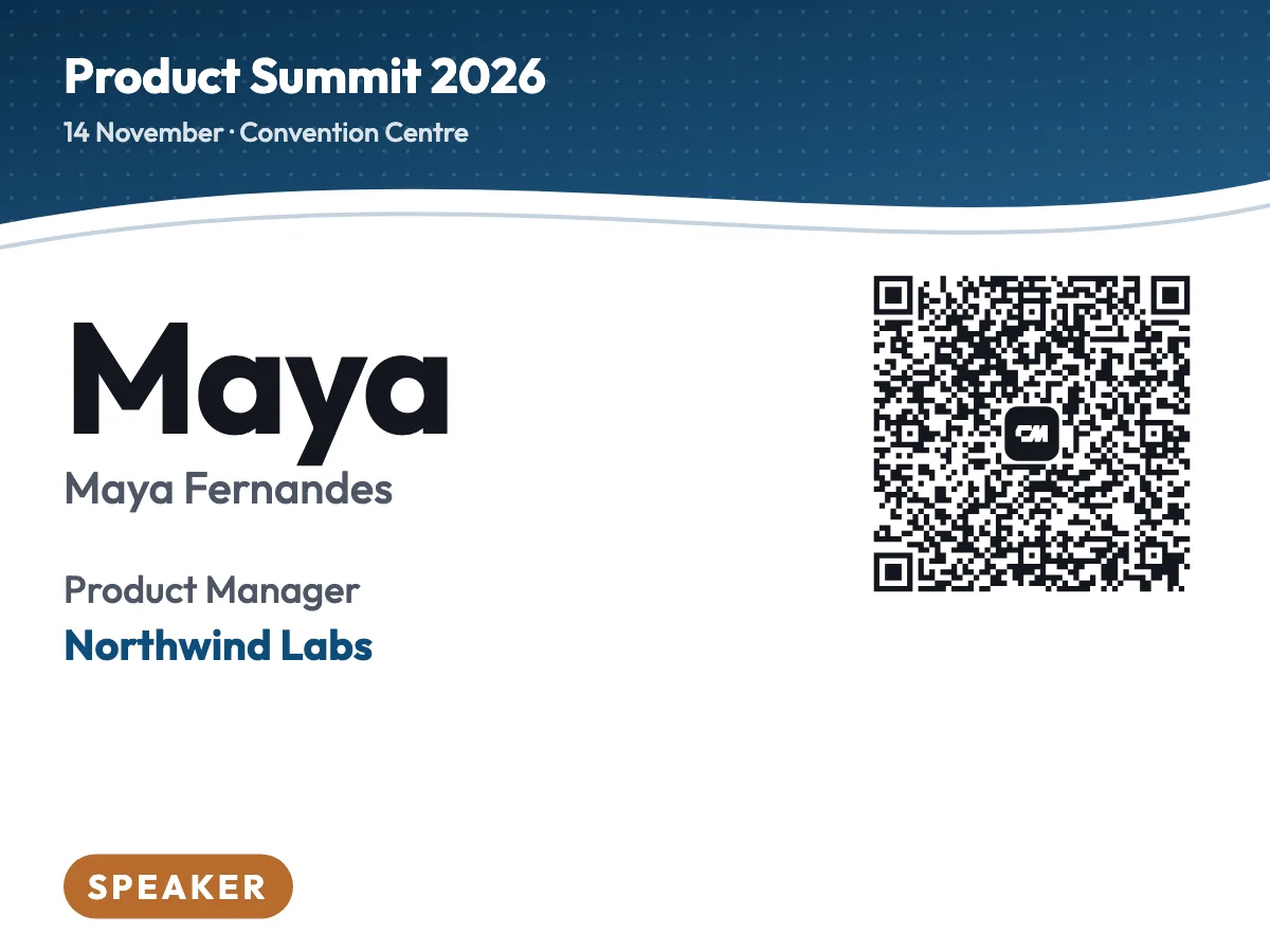 Wave event badge template, speaker badge with a curved colour header and contact QR code