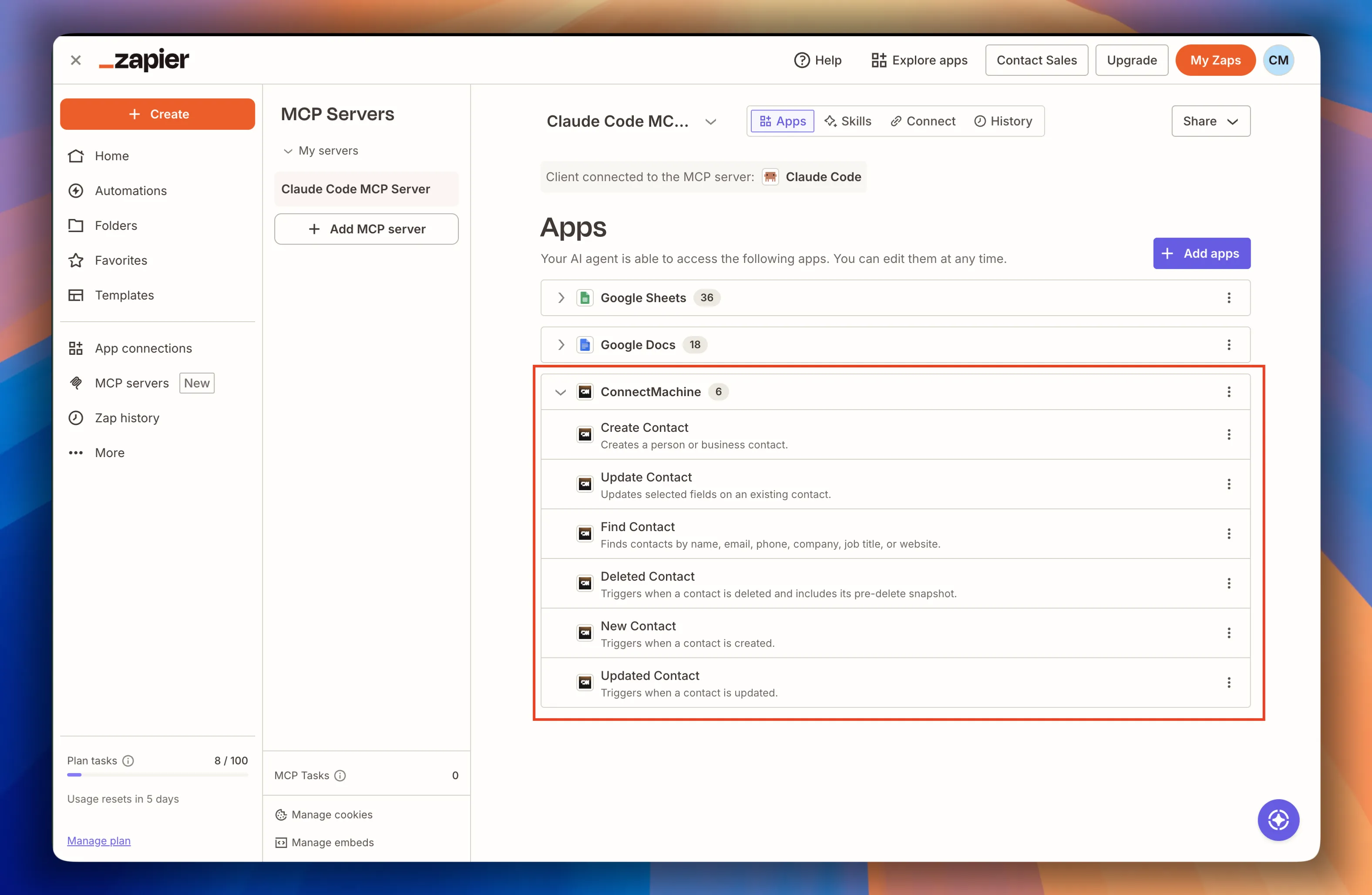 Los ajustes del servidor Zapier MCP con ConnectMachine desplegado, mostrando sus seis acciones: Create Contact, Update Contact, Find Contact, Deleted Contact, New Contact y Updated Contact