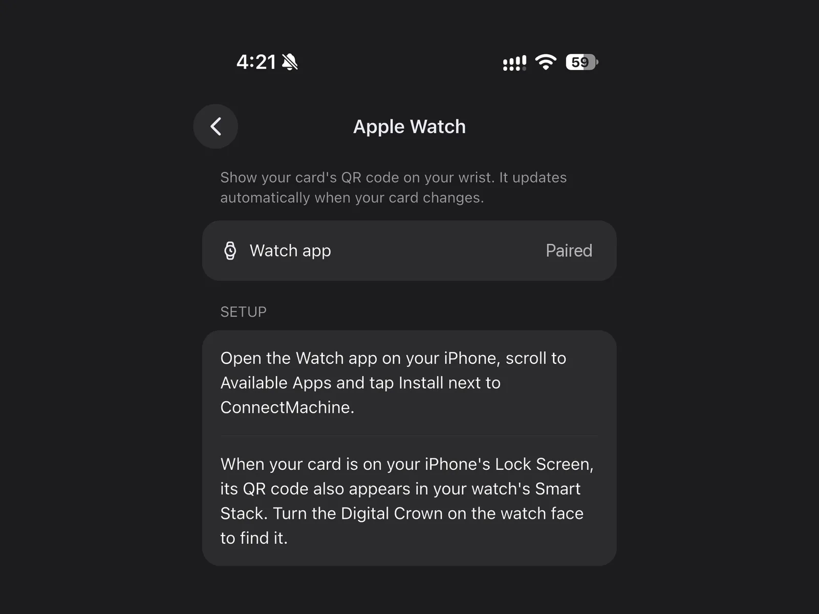Écran de configuration Apple Watch dans l'application ConnectMachine pour iPhone