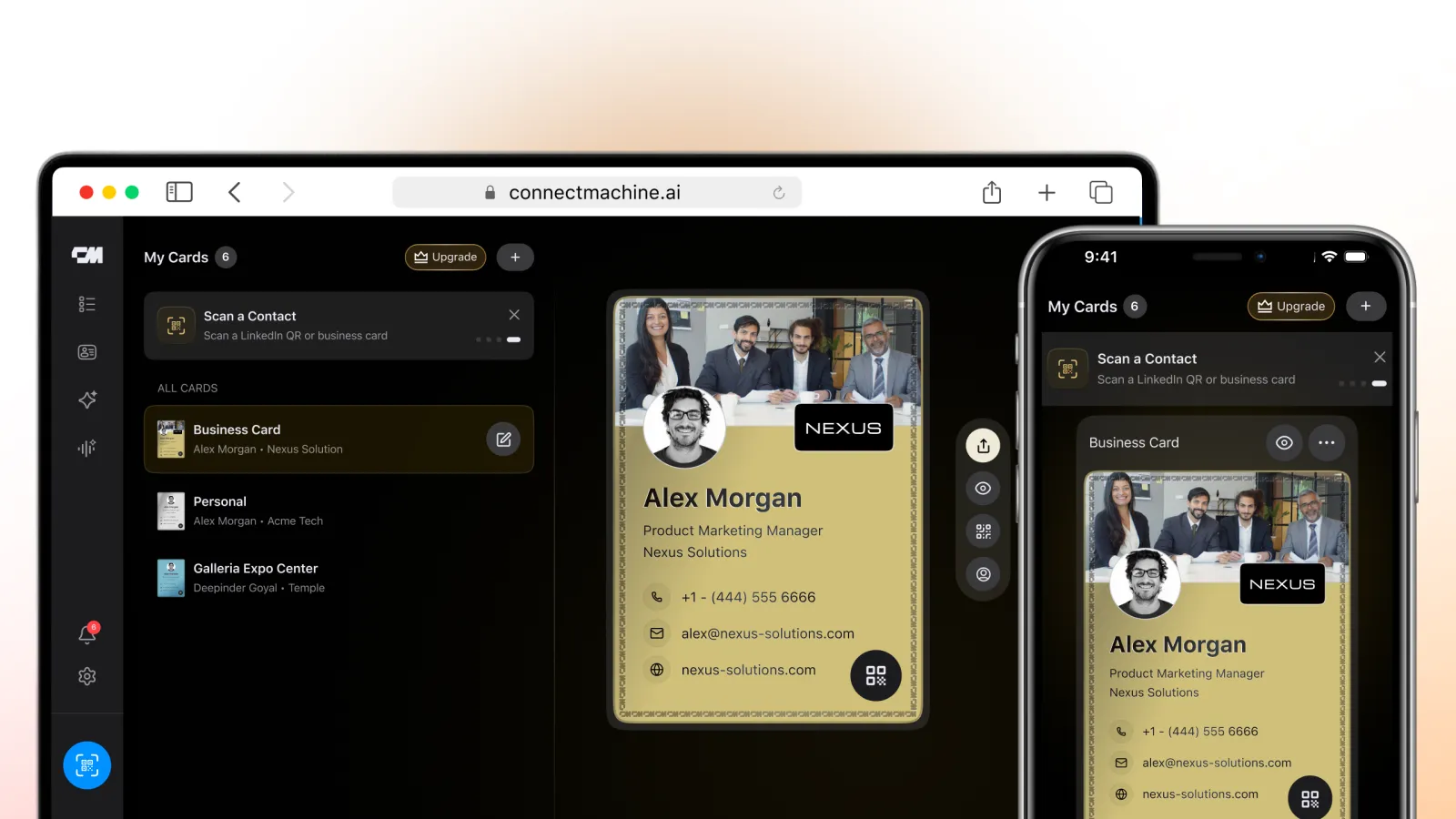 The ConnectMachine web app open in a browser at connectmachine.ai next to the iPhone app, both showing the same digital business card