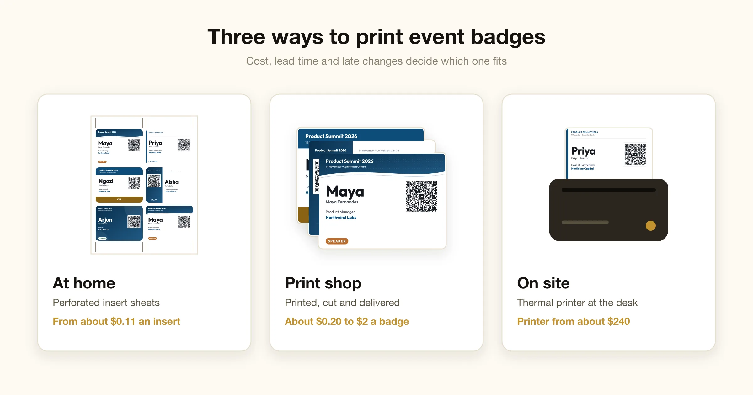 Three ways to print event badges: a US Letter sheet of six badges printed at home, a stack of badges from a print shop, and a thermal printer printing a badge on site