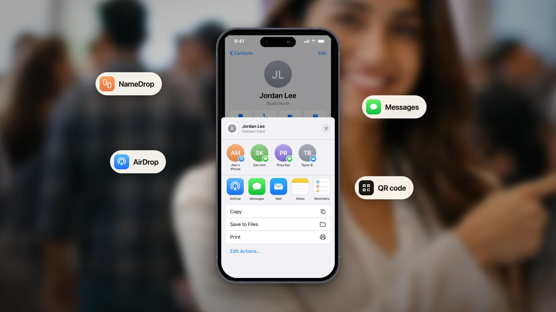 An iPhone with the share sheet open on a contact, showing NameDrop, AirDrop, Messages and QR code as ways to share
