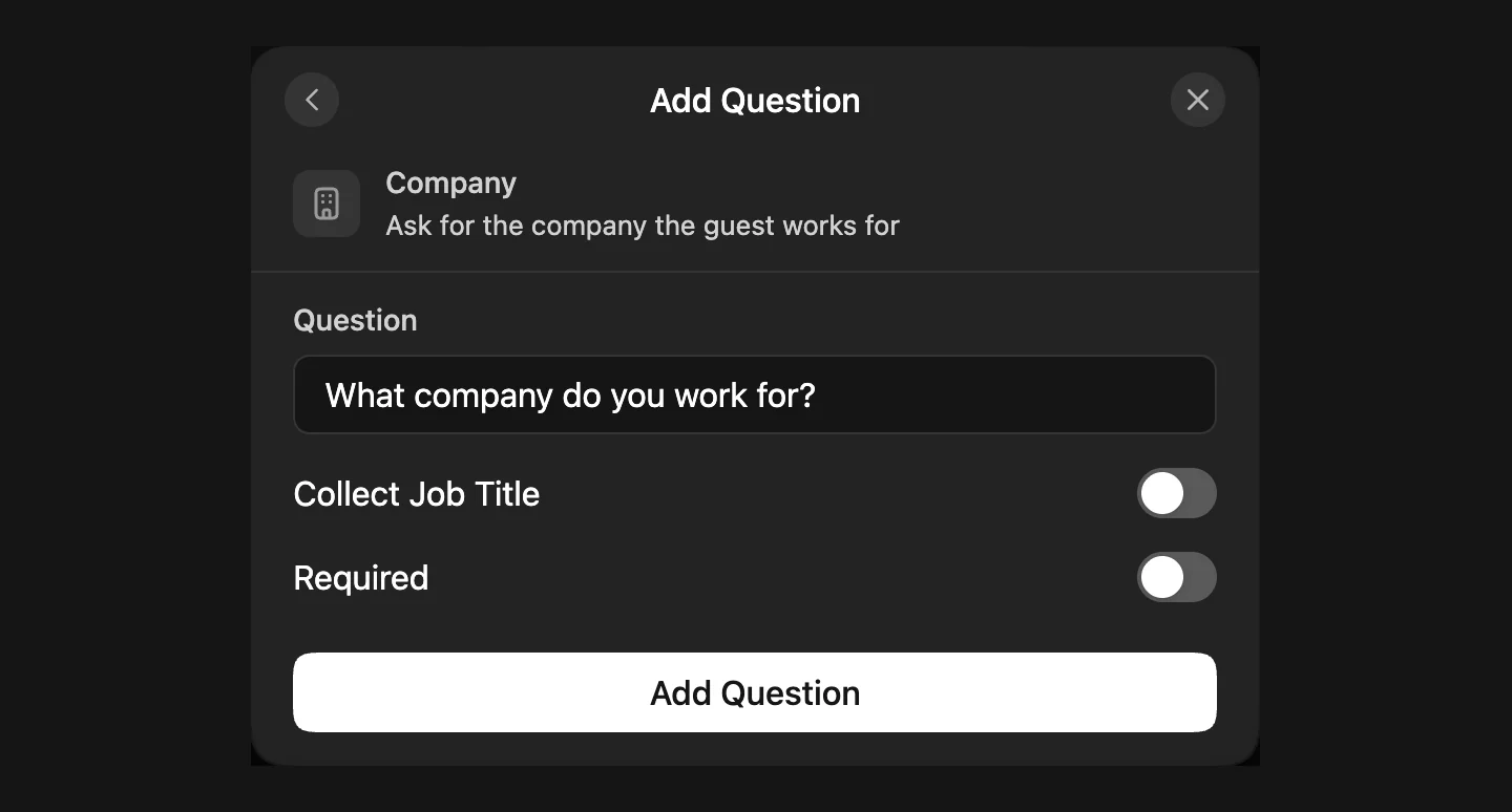 Luma Company question settings with the question What company do you work for and the Collect Job Title and Required switches