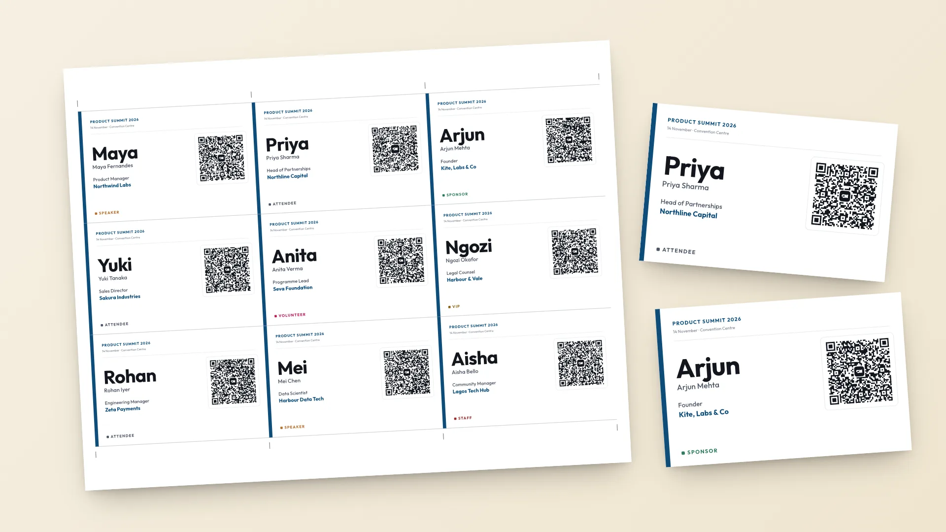 A US Letter sheet of nine printable name tags with cut marks, next to two name tags already cut out, each with a large first name and a QR code