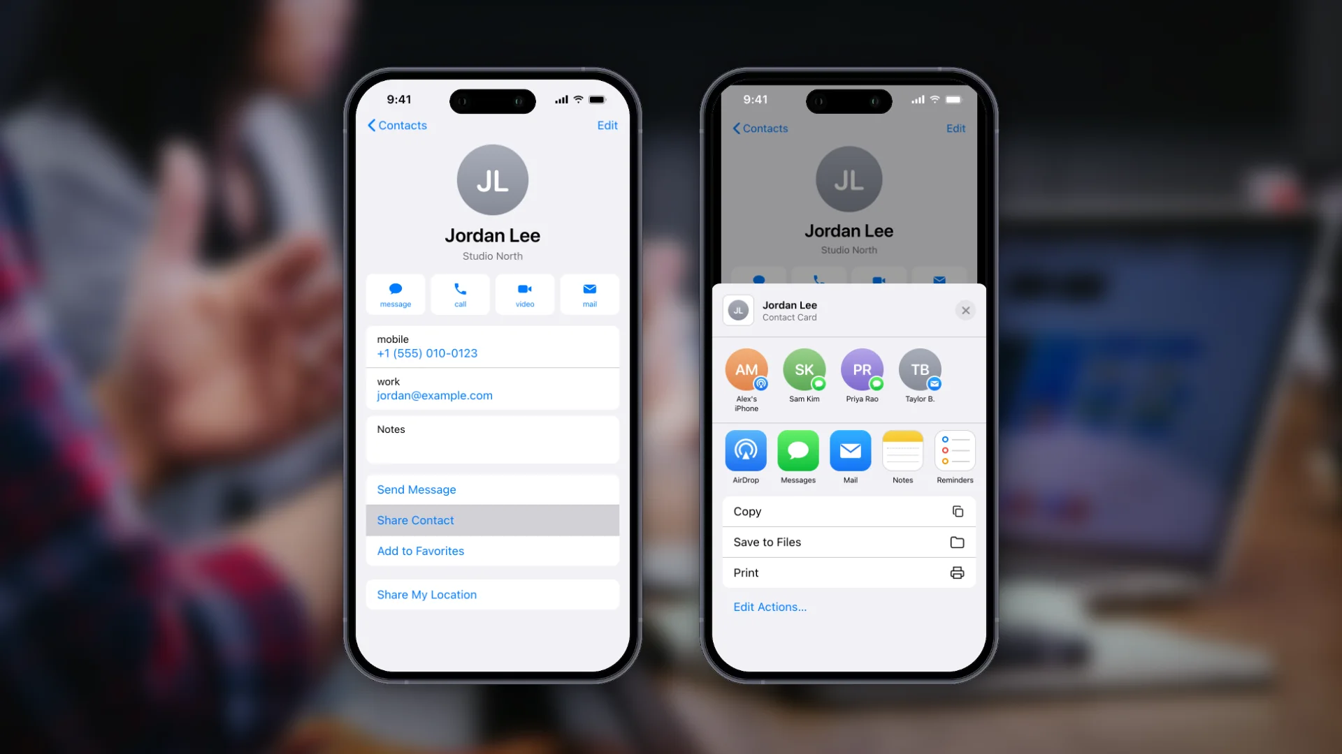Share Contact option in the iPhone Contacts app