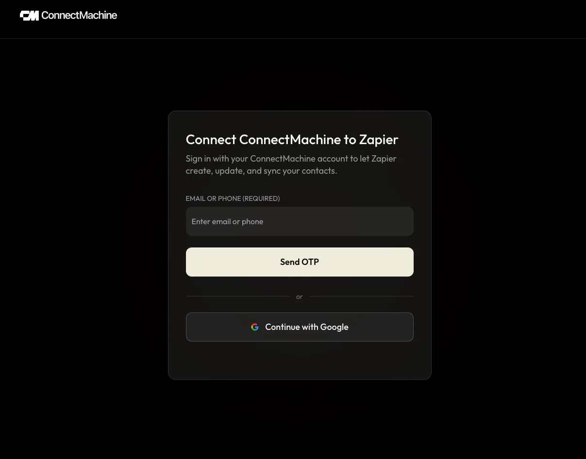 ConnectMachine consent page for Zapier listing the contact and webhook permissions being requested