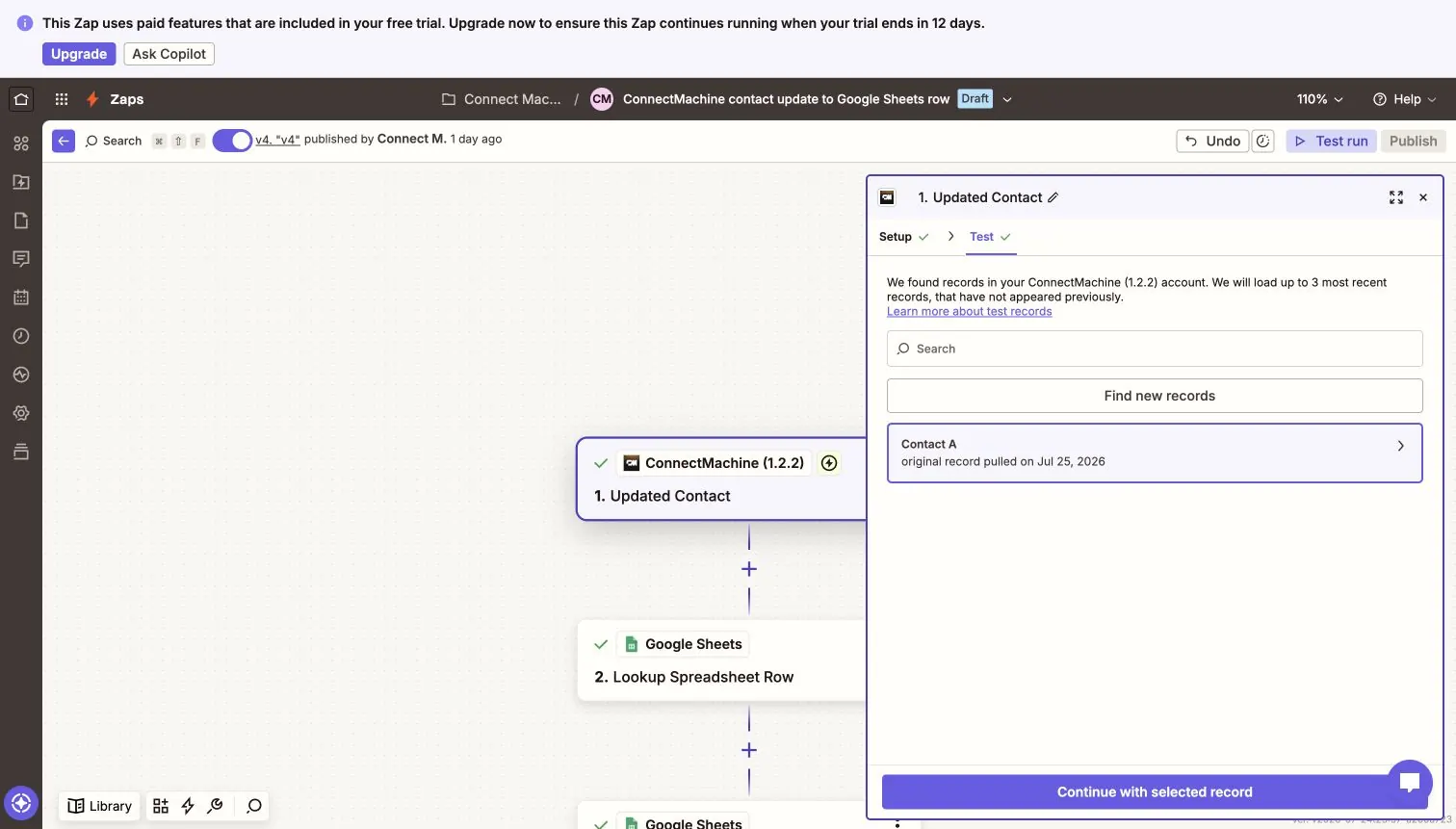 Zapier trigger test screen pulling a sample contact from ConnectMachine
