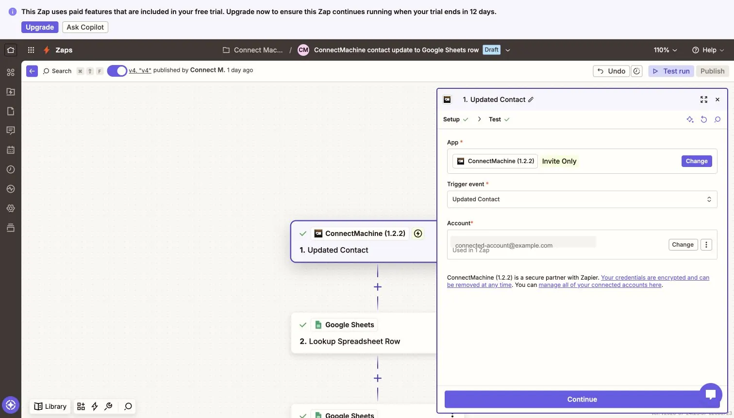 Zapier Update Contact action with the contact dropdown and mappable fields