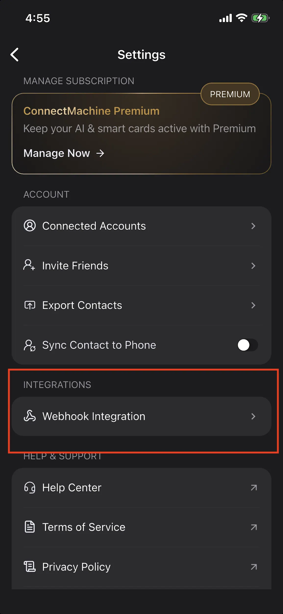 ConnectMachine Settings screen showing Webhook Integration under Integrations