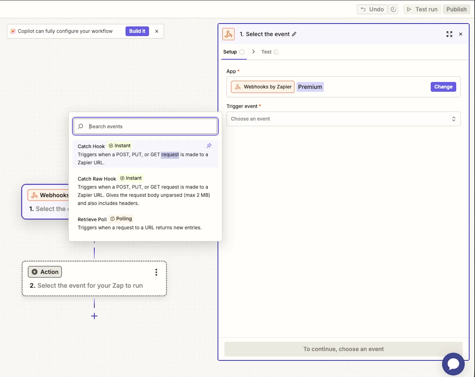 Zapier trigger setup with Webhooks by Zapier and Catch Hook selected