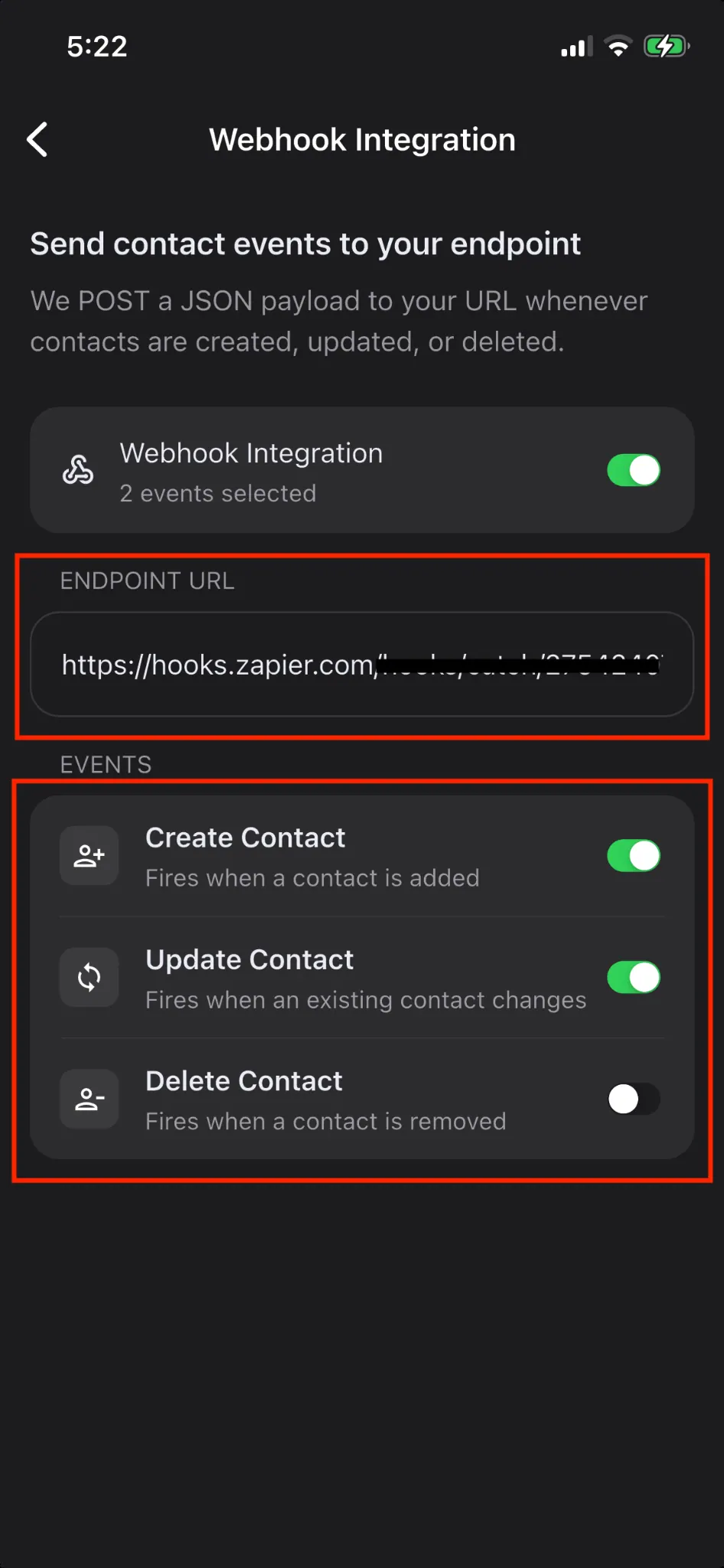 ConnectMachine Webhook Integration screen with endpoint URL and event toggles