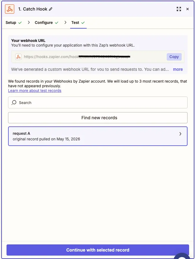 Zapier Catch Hook screen showing the generated webhook URL with a copy button
