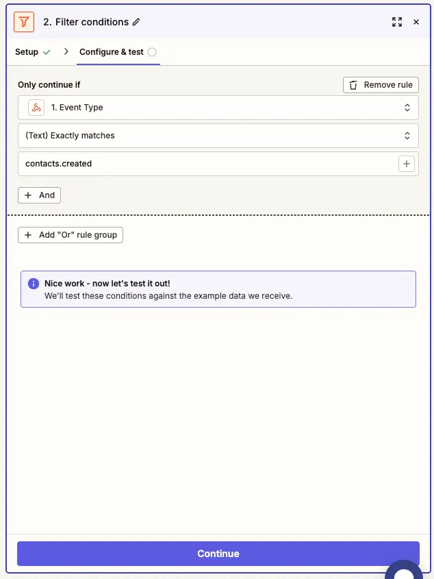 Zapier filter configured so Event Type exactly matches contacts.created