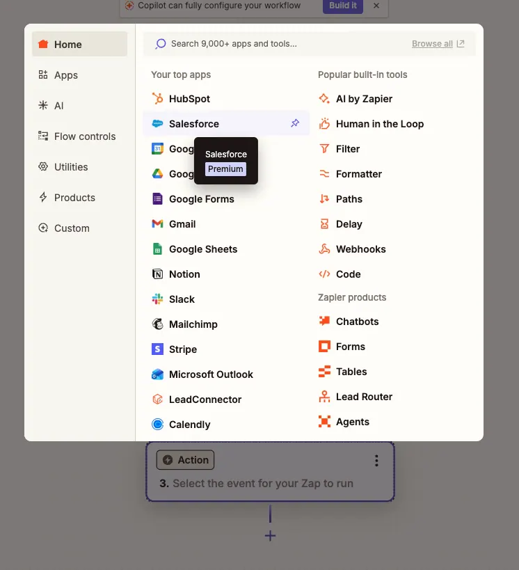 Zapier action picker showing CRM apps to connect