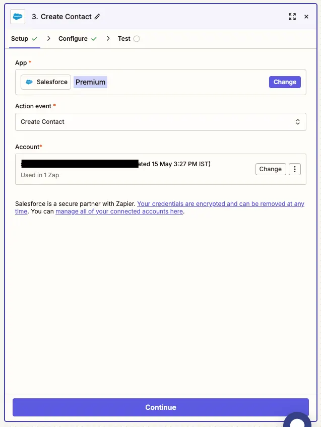 Salesforce Create Contact action selected in Zapier with account connection prompt