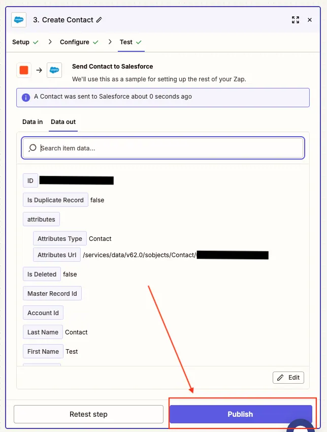 Zapier test result showing the CRM accepted the mapped contact data