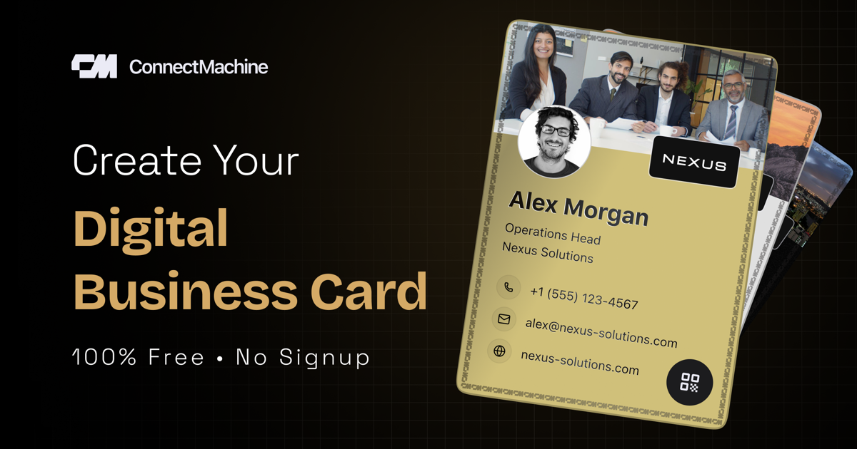 Una tarjeta de presentación digital de ConnectMachine en un teléfono