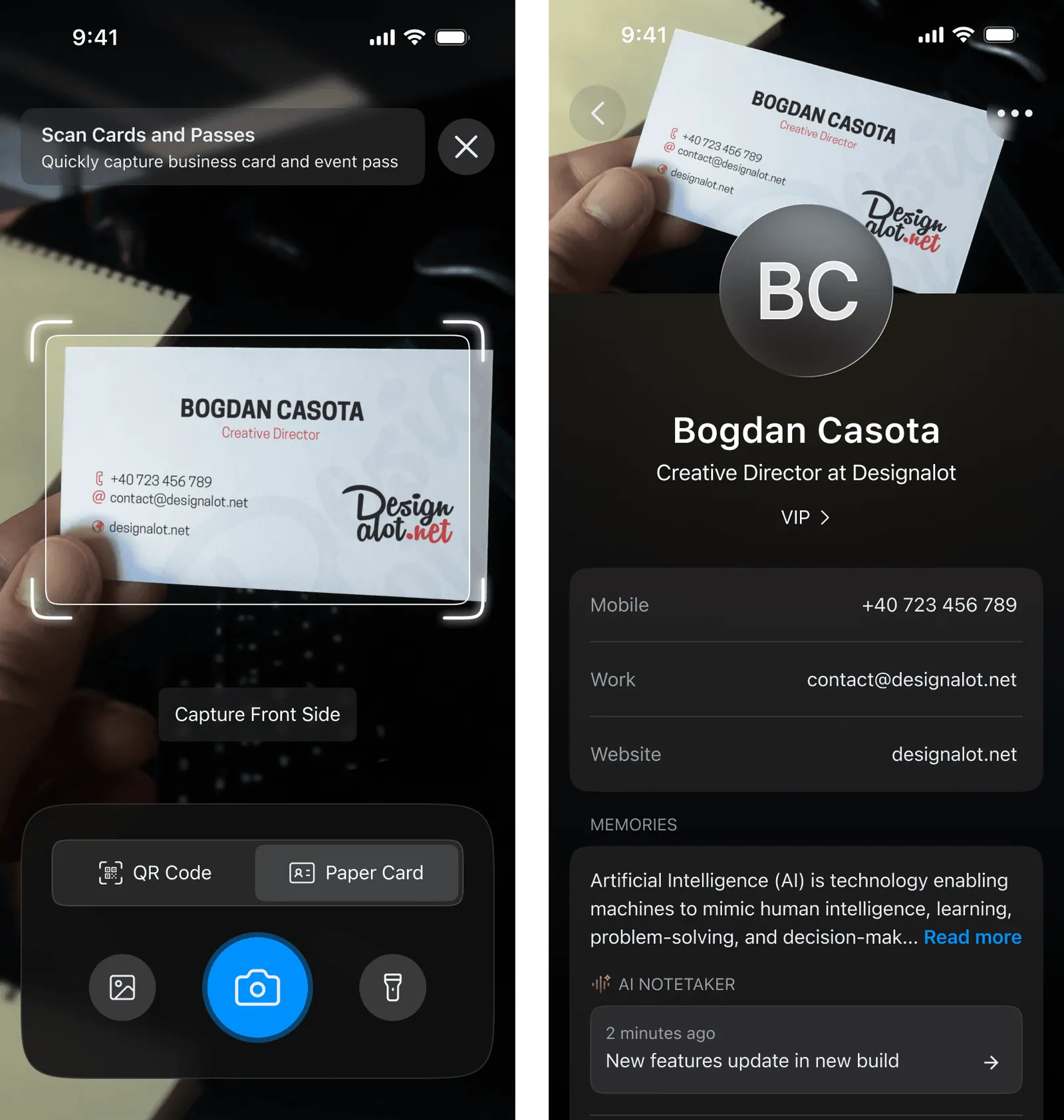 Scanning a business card into ConnectMachine and the saved contact it creates